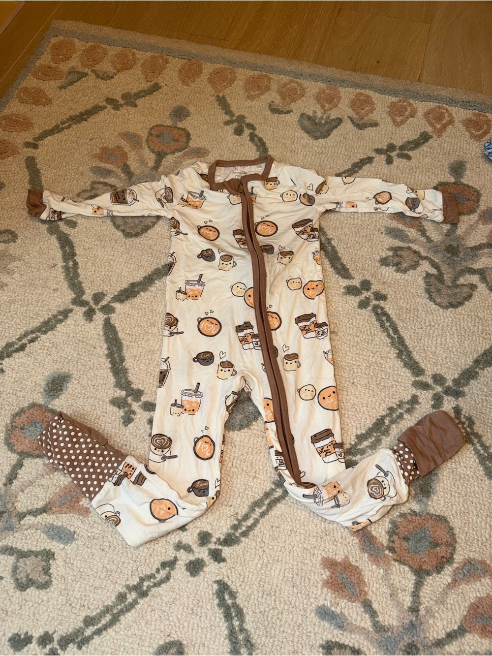 Angel Dear Cream and Brown Coffee Print Footie Pajamas